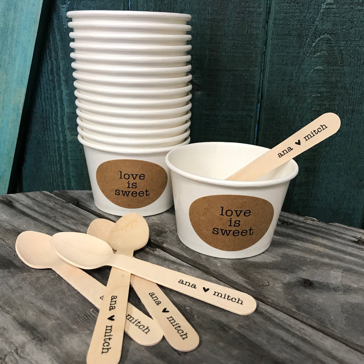 Love Is Sweet - (20) 8 Ounce White Ice Cream Cup, Wooden Spoon and Recycled Brown Kraft Label Set - Free US Shipping
