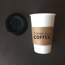 Load image into Gallery viewer, Coffee Themed Disposable Serving Sets - Brown Kraft Sleeves, White Cups - Great Gift for the Coffee Lover