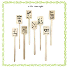 Load image into Gallery viewer, Personalized TWO-SIDED Wooden Drink Stirrers or Cupcake Picks - Custom Text or Graphic - Font Choice