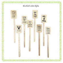 Load image into Gallery viewer, Personalized TWO-SIDED Wooden Drink Stirrers or Cupcake Picks - Custom Text or Graphic - Font Choice