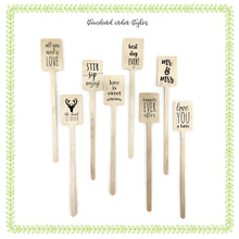 Load image into Gallery viewer, Themed Wooden Drink Stirrers or Cupcake Picks - Wedding - Birthday - Baby - Graduation - Choose Your Design - FREE US SHIPPING