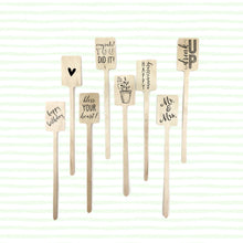 Load image into Gallery viewer, Themed Wooden Drink Stirrers or Cupcake Picks - Wedding - Birthday - Baby - Graduation - Choose Your Design - FREE US SHIPPING