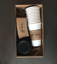 Load image into Gallery viewer, Holiday Themed Coffee Boxed Gift Sets!! Brown Kraft Sleeves, White Cups and Black Lids - Christmas Hostess or Corporate Gift