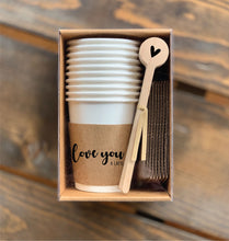 Load image into Gallery viewer, Coffee Themed Disposable Serving Sets - Brown Kraft Sleeves, White Cups - Great Gift for the Coffee Lover