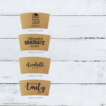Load image into Gallery viewer, GRADUATION Themed Natural Brown Kraft Coffee Sleeves, White Cups, Black Lids - Standard Graphic Choice