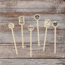 Load image into Gallery viewer, Wooden Drink Stirrers- Wood Coffee Stir Sticks - Cupcake Picks - Choose Your Design - FREE U. S. SHIPPING