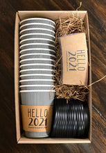 Load image into Gallery viewer, New Year Coffee Boxed Gift Sets or Bulk Brown Kraft Sleeves, White Cups and Black Lids -New Year Hostess or Corporate Gift