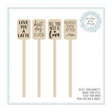 Load image into Gallery viewer, Cocktail Stirrers or Cupcake Picks - Wooden - Choose Your Standard Design - Wedding Birthday Love Everyday - FREE U. S. SHIPPING