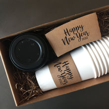 Load image into Gallery viewer, New Year Coffee Boxed Gift Sets or Bulk Brown Kraft Sleeves, White Cups and Black Lids -New Year Hostess or Corporate Gift