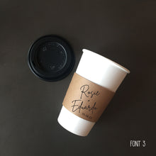 Load image into Gallery viewer, Personalized Natural Brown Kraft Coffee Sleeves Optional Cups & Lids - Optional Stirrers - Script Name + Name - Wedding - Shower - Party