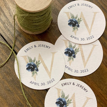 Load image into Gallery viewer, Free Shipping - Texured White TAGS - 49mm Round Two Inch Tags - Floral Monogram Watercolor Design - Printed and Cut - CUSTOM - Party Wedding