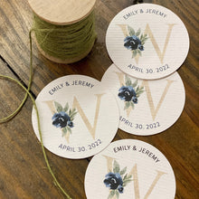 Load image into Gallery viewer, Free Shipping - Texured White TAGS - 49mm Round Two Inch Tags - Floral Monogram Watercolor Design - Printed and Cut - CUSTOM - Party Wedding