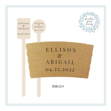 Load image into Gallery viewer, Personalized Natural Brown Kraft Custom Coffee Sleeve, White Cups, Black Lids and Matching Stirrers - Script Name + Name Graphic - Wedding