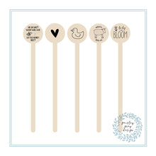 Load image into Gallery viewer, Wooden Drink Stirrers- Wood Coffee Stir Sticks - Cupcake Picks - Baby Designs - FREE U. S. SHIPPING