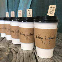 Load image into Gallery viewer, Personalized Natural Brown Kraft Custom Coffee Sleeve, White Cups, Black Lids and Matching Stirrers - Script Name + Name Graphic - Wedding