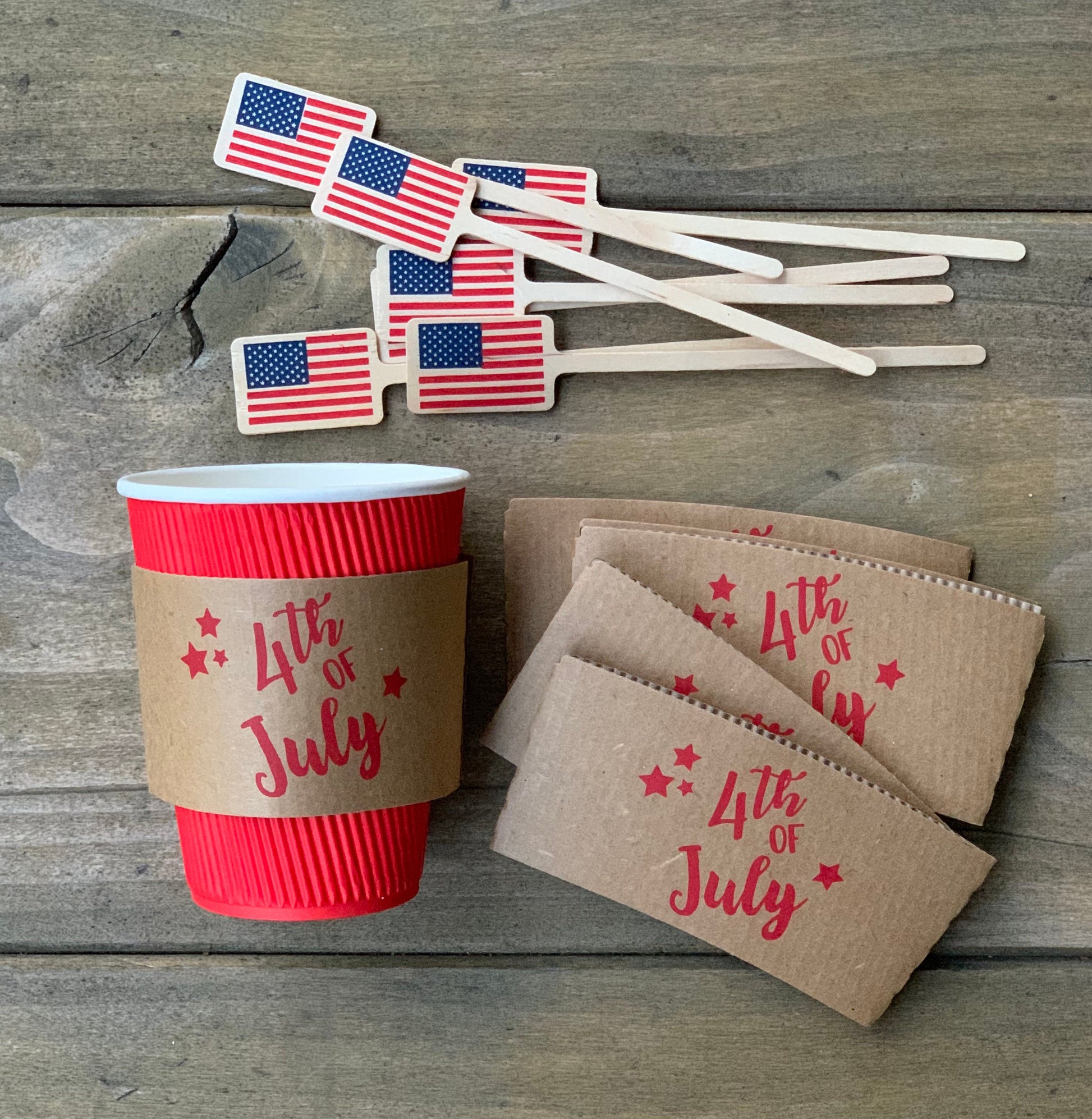 Natural Brown or White Coffee Sleeves -or- Full Set of Sleeves Red Cups and Lids -or- Flag Stir Sticks - 4th of July - FREE U. S. SHIPPING
