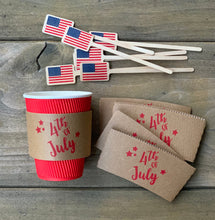 Load image into Gallery viewer, Natural Brown or White Coffee Sleeves -or- Full Set of Sleeves Red Cups and Lids -or- Flag Stir Sticks - 4th of July - FREE U. S. SHIPPING