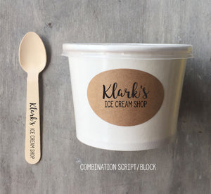 Custom Label - 8 Ounce White Ice Cream Cup, Wooden Spoon and Recycled Brown Kraft Label - Free US Shipping