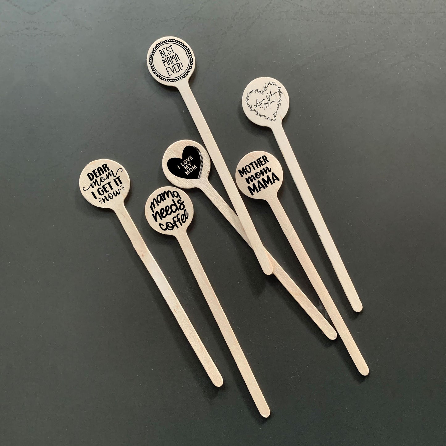 Printed Wooden Stir Sticks or Cupcake Picks for Mom