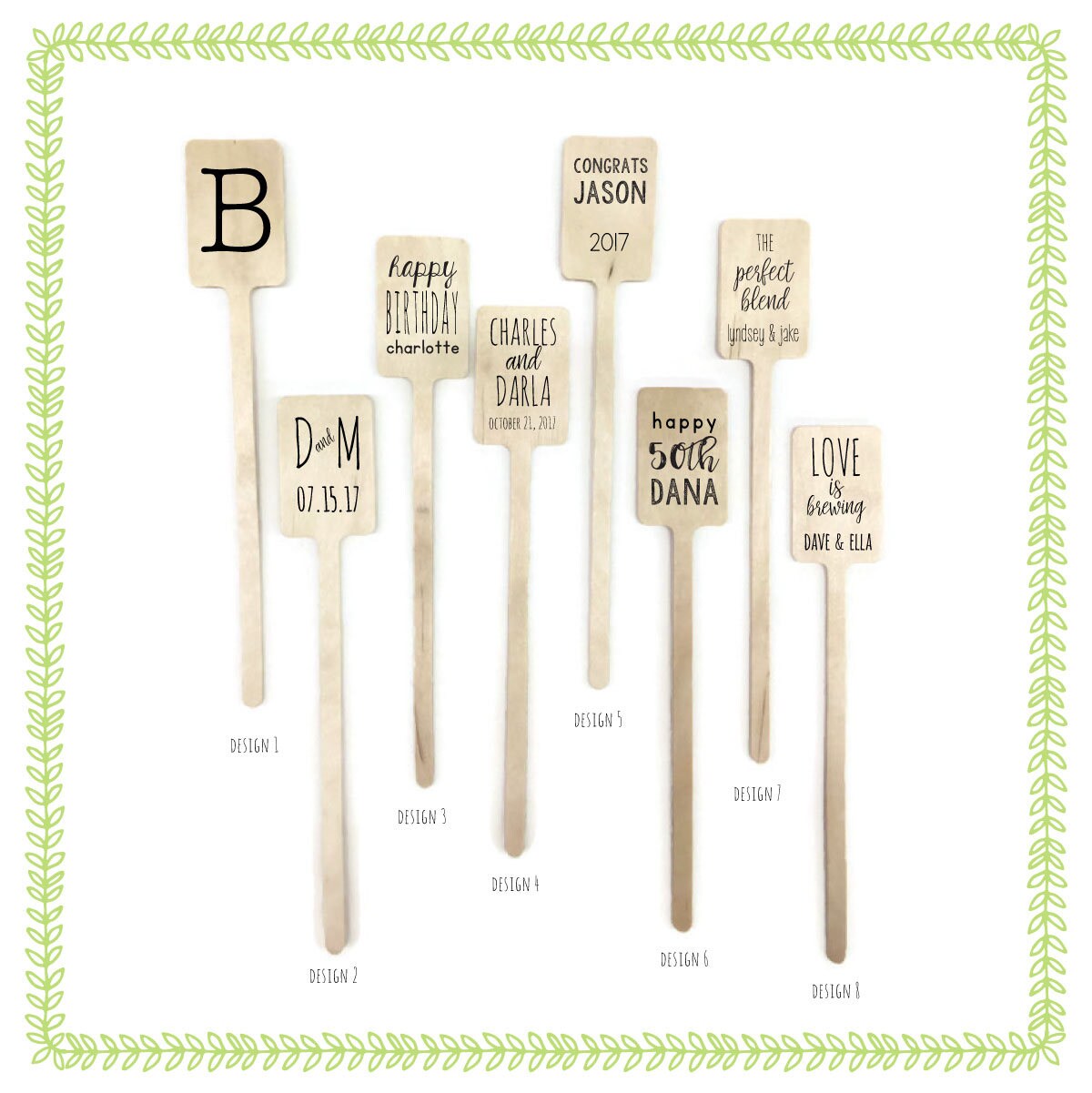 Personalized TWO-SIDED Wooden Drink Stirrers or Cupcake Picks - Custom Text or Graphic - Font Choice