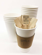 Load image into Gallery viewer, Coffee Sleeves, Cups and Lid Sets - Brown Sleeves/White Cups/Black Lids - Love is Brewing and Other Designs - FREE U. S. SHIPPING