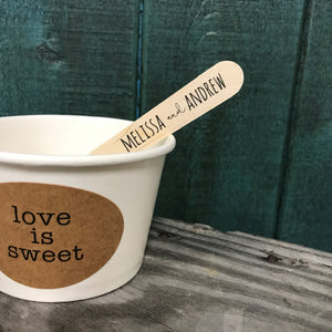 Love Is Sweet - (30) 8 Ounce White Ice Cream Cup, Wooden Spoon and Recycled Brown Kraft Label Set - Free US Shipping