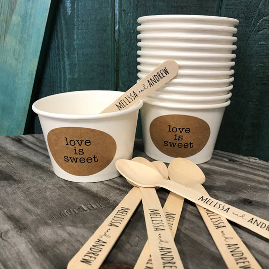 Love Is Sweet - (30) 8 Ounce White Ice Cream Cup, Wooden Spoon and Recycled Brown Kraft Label Set - Free US Shipping