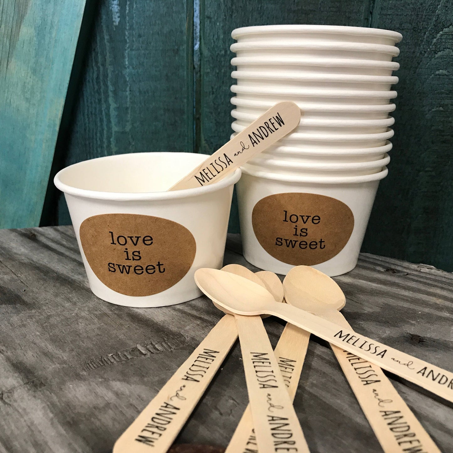 Love Is Sweet - (30) 8 Ounce White Ice Cream Cup, Lid, Wooden Spoon and Recycled Brown Kraft Label Set - Free US Shipping