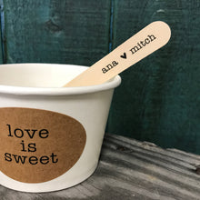 Load image into Gallery viewer, Love Is Sweet - (30) 8 Ounce White Ice Cream Cup, Wooden Spoon and Recycled Brown Kraft Label Set - Free US Shipping