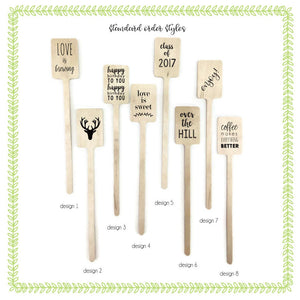 Personalized Wooden Drink Stirrers or Cupcake Picks - Custom Text or Graphic - Font Choice