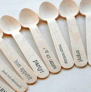 FREE U.S. Shipping QTY 25 Ice Cream Cups and Printed Message Spoons - Choose Your Cup Color and Size - Plus Wooden Spoons