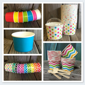FREE U.S. Shipping QTY 25 Ice Cream Cups and Printed Message Spoons - Choose Your Cup Color and Size - Plus Wooden Spoons