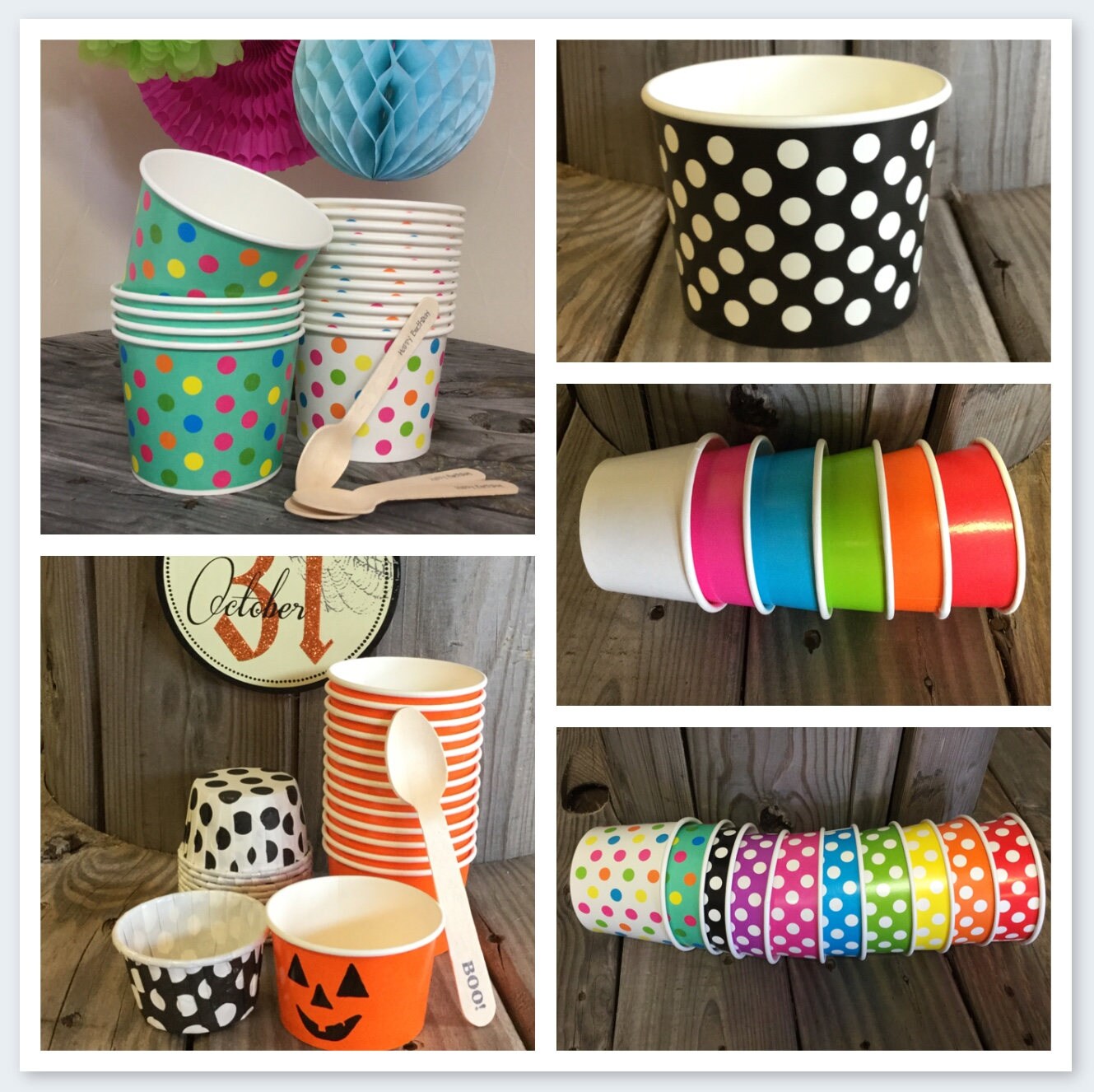 FREE U.S. Shipping QTY 25 Ice Cream Cups and Printed Message Spoons - Choose Your Cup Color and Size - Plus Wooden Spoons