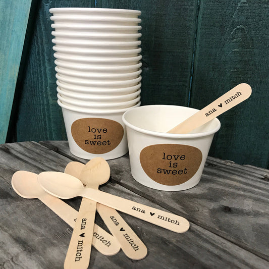 Set of 125 - Love Is Sweet - 8 Ounce White Ice Cream Cup, Wooden Spoon and Recycled Brown Kraft Label Set - Free US Shipping