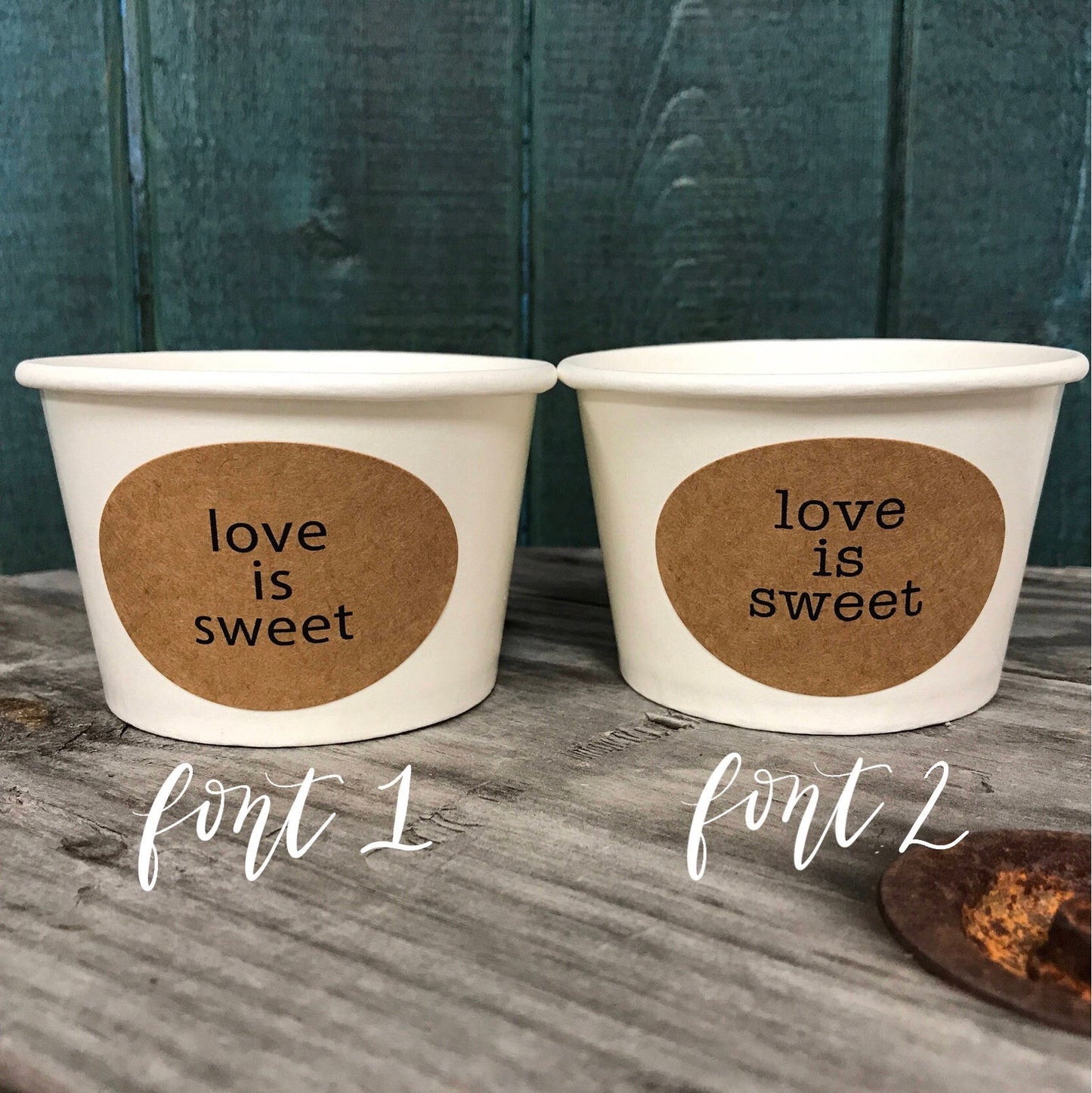 Love Is Sweet - (30) 8 Ounce White Ice Cream Cup, Lid, Wooden Spoon and Recycled Brown Kraft Label Set - Free US Shipping