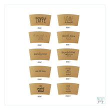 Load image into Gallery viewer, Personalized Natural Brown Kraft Custom Coffee Sleeves, White Cups and Black Lids - Script Name + Name Graphic