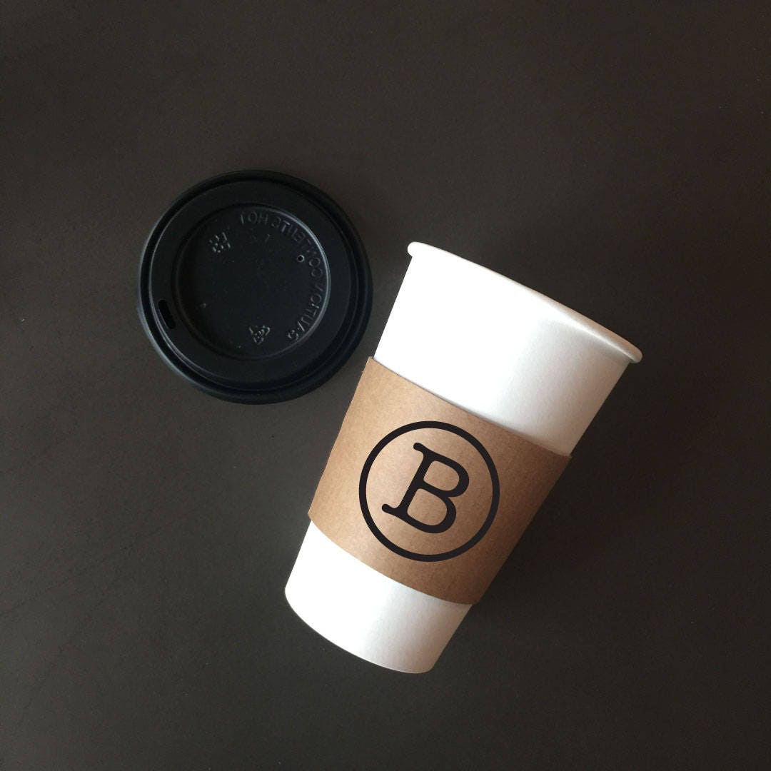 Personalized Natural Brown Kraft Coffee Sleeves, White Cups & Black Lids - Monogram Choice - FREE U. S. SHIPPING