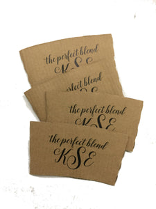 Personalized Natural Brown Kraft Coffee Sleeves, White Cups & Black Lids - Monogram Choice - FREE U. S. SHIPPING