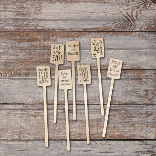 Personalized Wooden Drink Stirrers or Cupcake Picks - Custom Text or Graphic - Font Choice