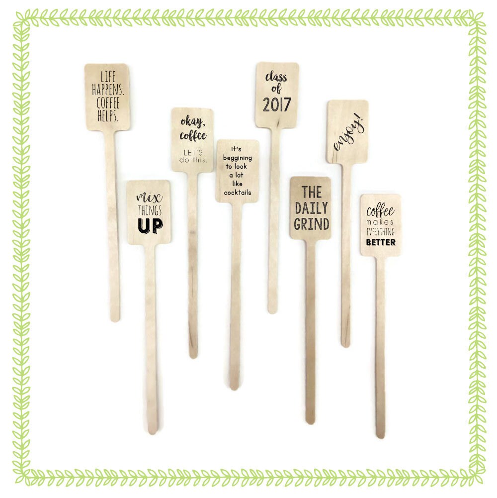 Personalized TWO-SIDED Wooden Drink Stirrers or Cupcake Picks - Custom Text or Graphic - Font Choice