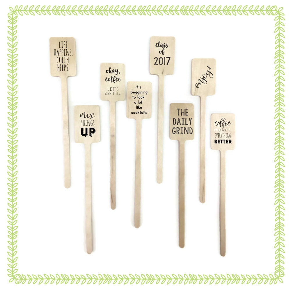 Personalized Wooden Drink Stirrers or Cupcake Picks - Custom Text or Graphic - Font Choice