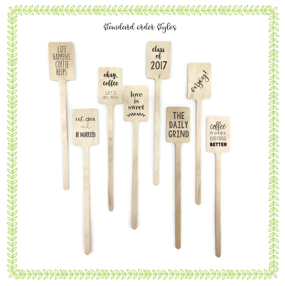Personalized TWO-SIDED Wooden Drink Stirrers or Cupcake Picks - Custom Text or Graphic - Font Choice
