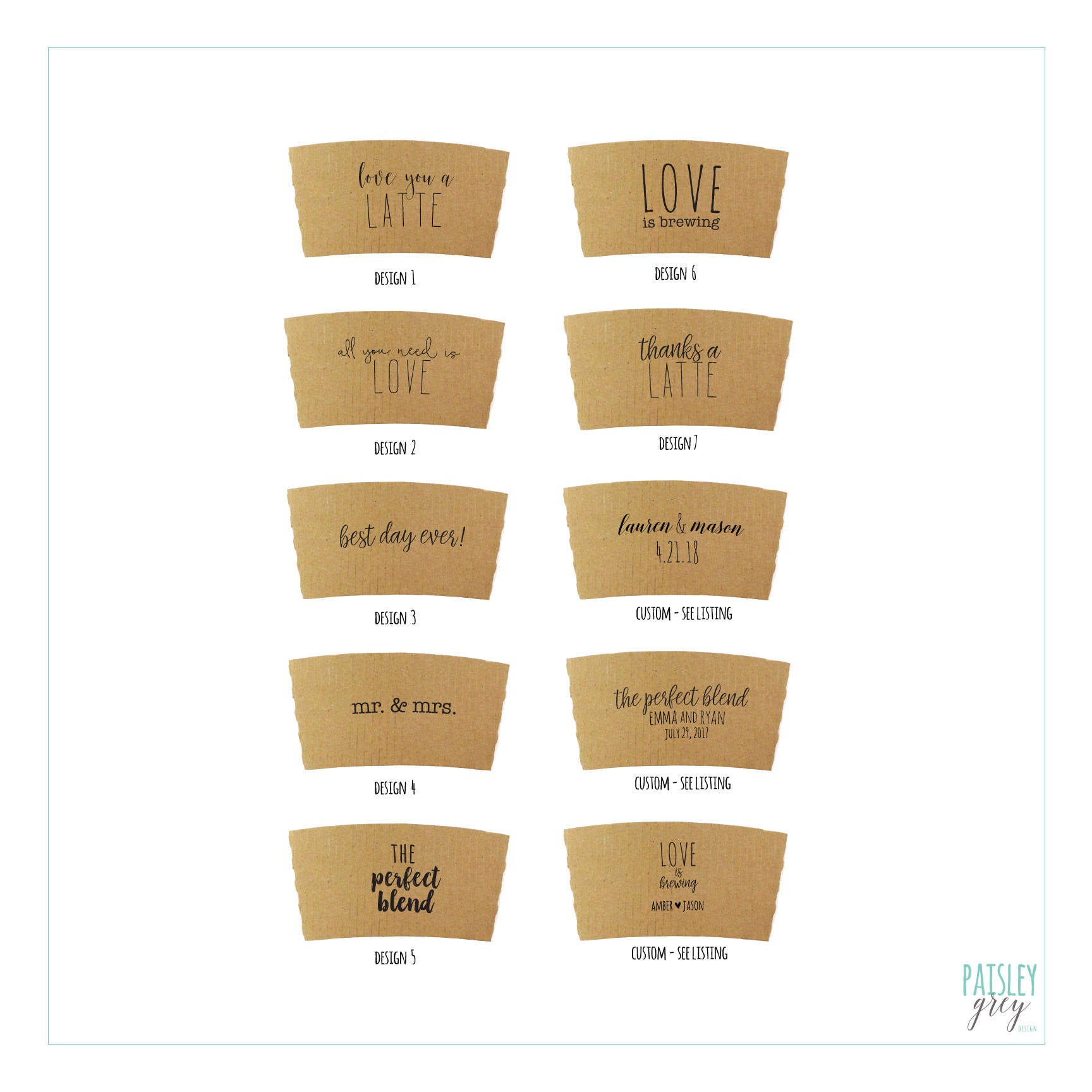 Natural Brown Kraft Coffee Sleeves - Non-Personalized Phrases - FREE U. S. SHIPPING