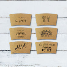 Load image into Gallery viewer, Personalized Natural Brown Kraft Custom Coffee Sleeve, White Cups, Black Lids and Matching Stirrers - Script Name + Name Graphic - Wedding