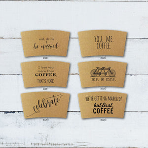 Coffee Sleeves, Cups and Lid Sets - Brown Sleeves/White Cups/Black Lids - Love is Brewing and Other Designs - FREE U. S. SHIPPING