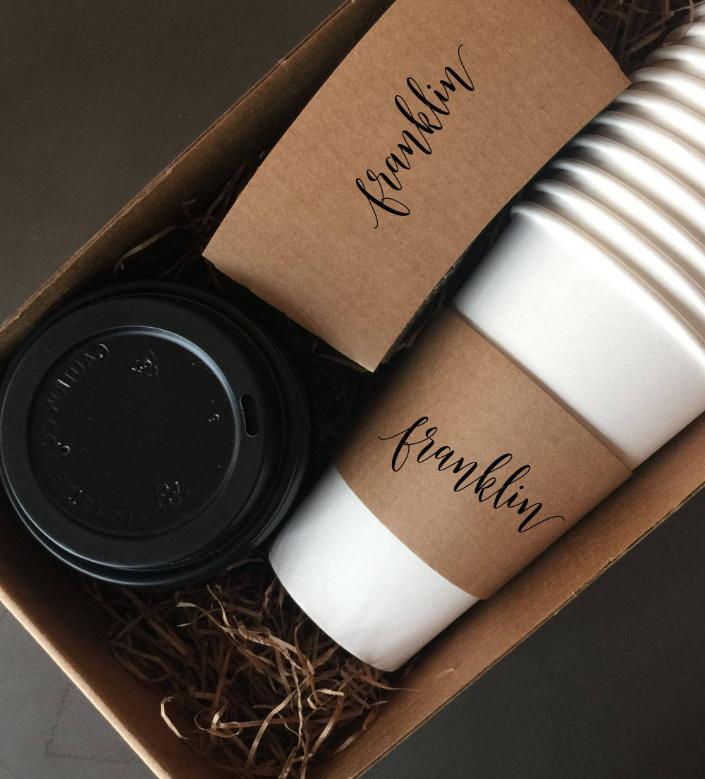 Personalized Natural Brown Kraft Custom Coffee Sleeves, White Cups and Black Lids - Script Name + Name Graphic
