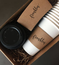 Load image into Gallery viewer, Personalized Natural Brown Kraft Custom Coffee Sleeves, White Cups and Black Lids - Script Name + Name Graphic