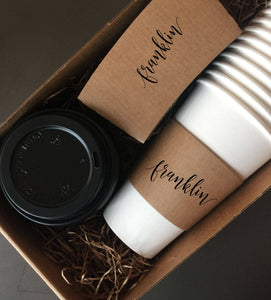 Personalized Natural Brown Kraft Custom Coffee Sleeves, White Cups and Black Lids - Script Name + Name Graphic