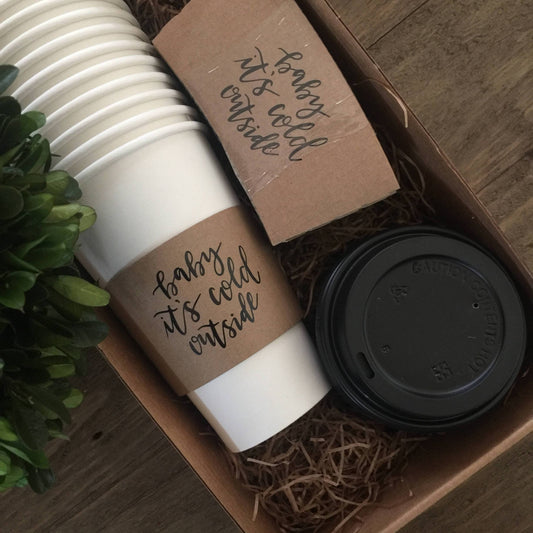 Coffee Themed Disposable Serving Sets - Brown Kraft Sleeves, White Cups - Great Gift for the Coffee Lover