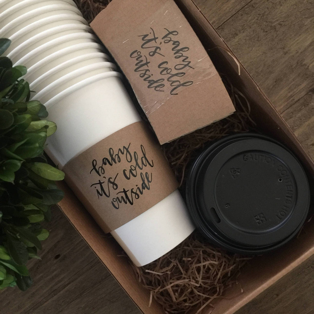 Coffee Themed Disposable Serving Sets - Brown Kraft Sleeves, White Cups - Great Gift for the Coffee Lover